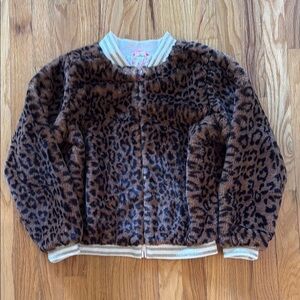 Egg by Susan Lazar sz 12 super soft Leopard Print Faux Fur bomber zip Jacket